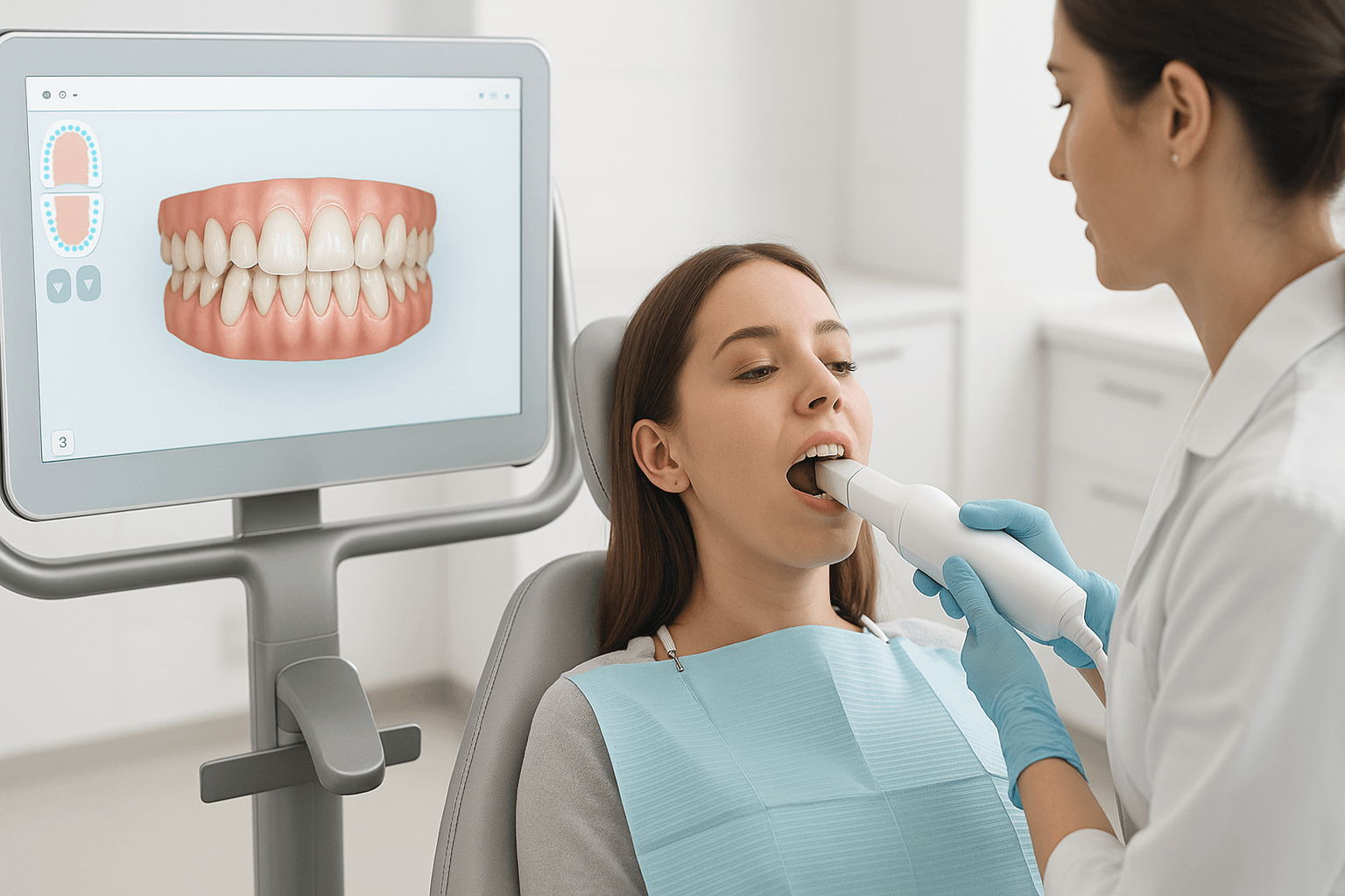 Orthodontist using an iTero scanner; live 3D model displayed on monitor
