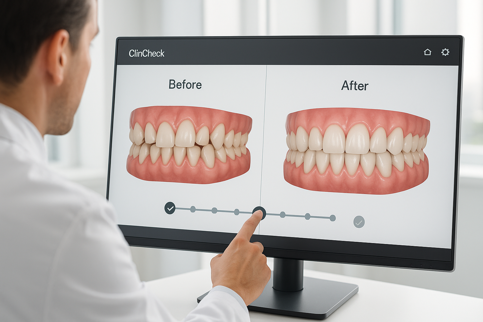 ClinCheck software showing before-and-after tooth alignment on screen