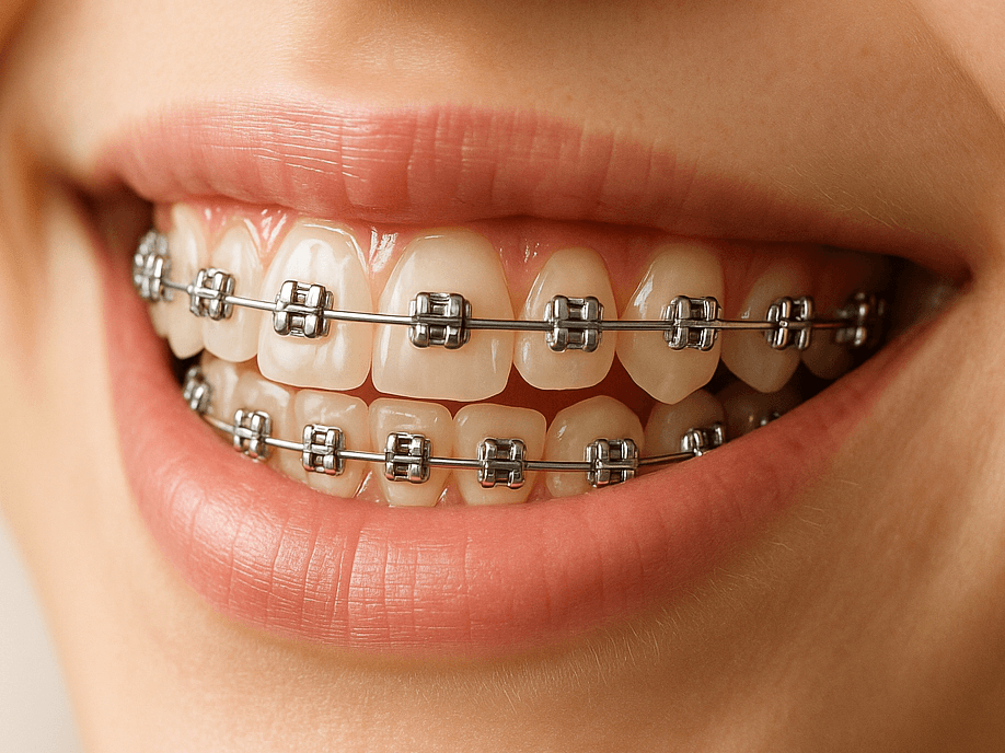 Invisalign vs Braces in Dubai — Clear Comparison Guide | LumiQuest Dental Circle Close-up of teeth with traditional metal braces, showing brackets and archwire for orthodontic correction