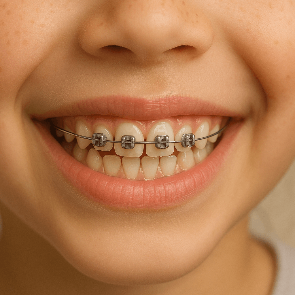 صورة مقربة لابتسامة طفل تُظهر جهاز تقويمي للأطفال من نوع 2×4 مع حاصرات وأسلاك تقويمية تربط الأسنان الأمامية الأربع، يُستخدم للمحاذاة المبكرة خلال مرحلة الأسنان المختلطة.