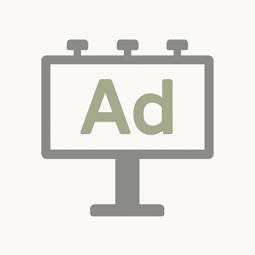 Minimalist muted outline icon of a billboard with “Ad” label, symbolizing how paid ads and sponsorships distort searches for the best orthodontist in Dubai.