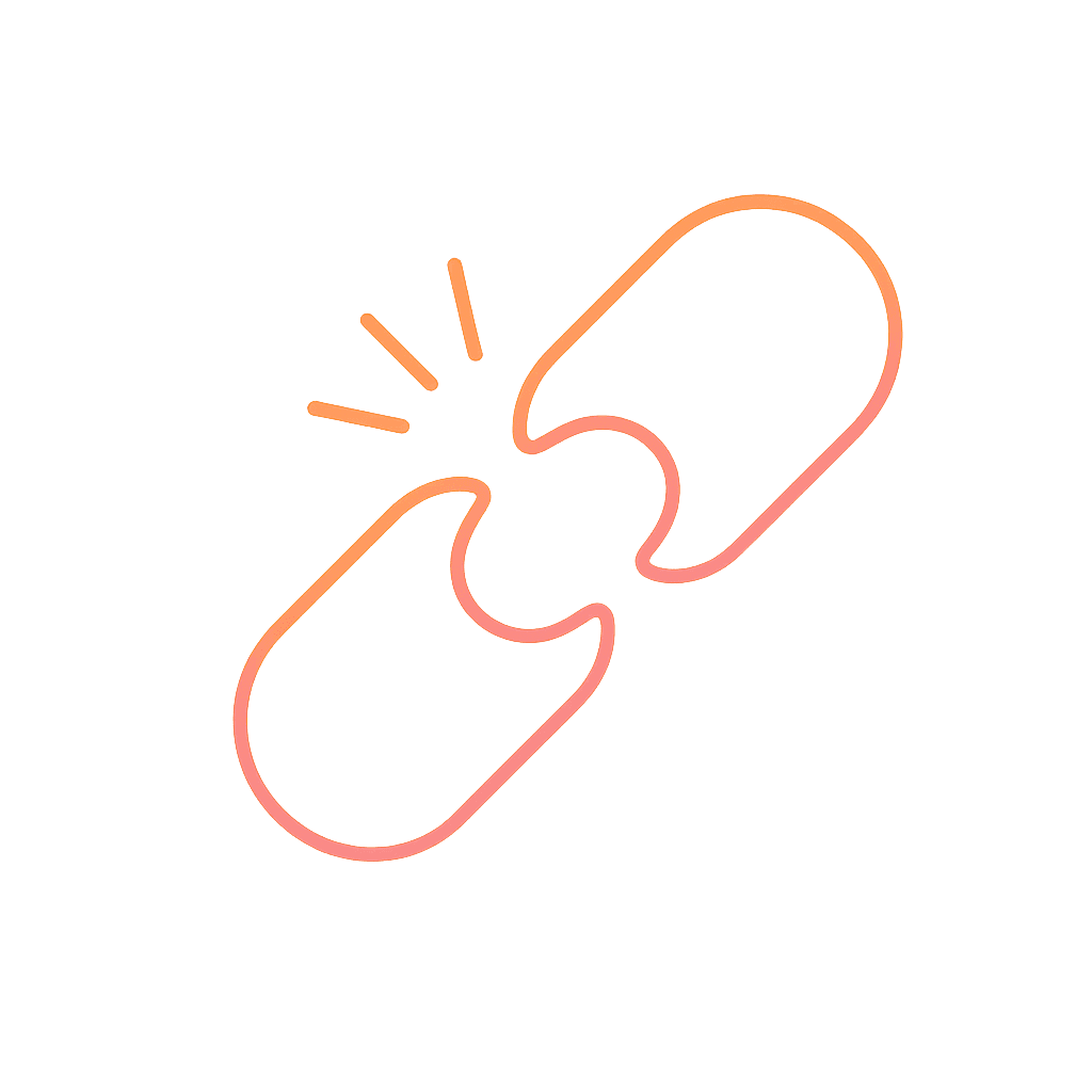 Minimalist gradient outline icon of a broken chain link, symbolizing LumiQuest’s independence from ads and marketing influence in Dubai orthodontics.