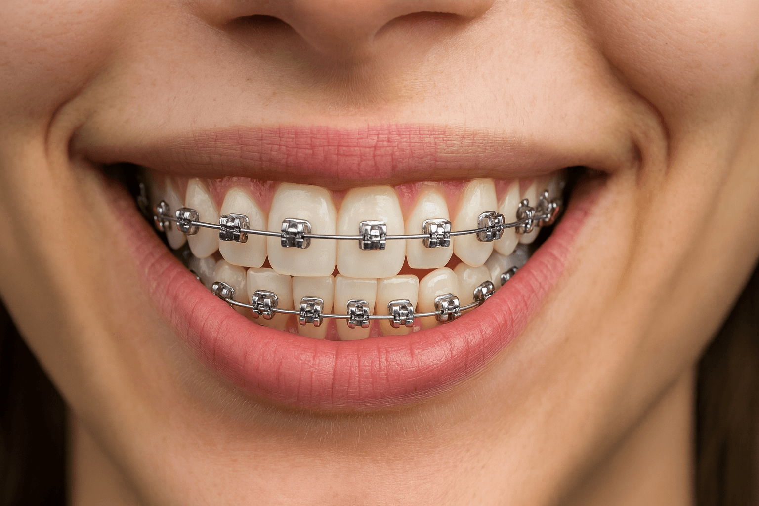 صورة مقرّبة لابتسامة تُظهر تقويمًا معدنيًا ذاتي الإغلاق على أسنان مستقيمة.
