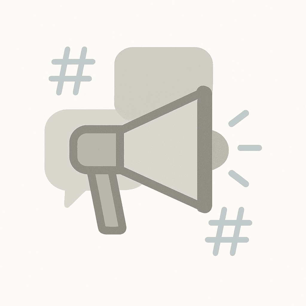 Minimalist muted outline icon of a megaphone with overlapping chat bubbles, symbolizing influencer noise and unreliable social media promotions in Dubai orthodontics.