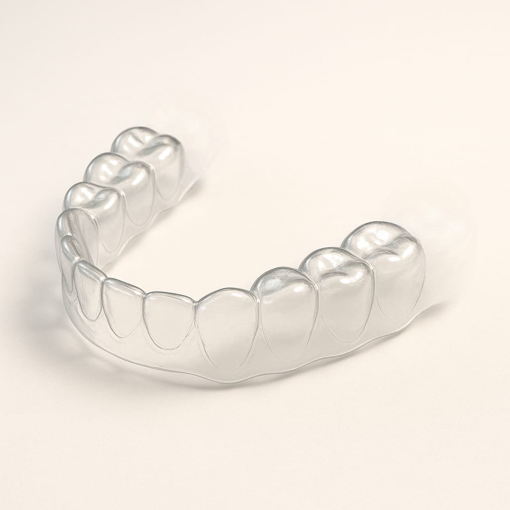 رسم توضيحي لتقويم شفاف Invisalign First للأطفال، وهو قالب قابل للإزالة مُصمم لمحاذاة الأسنان في مرحلة مبكرة.