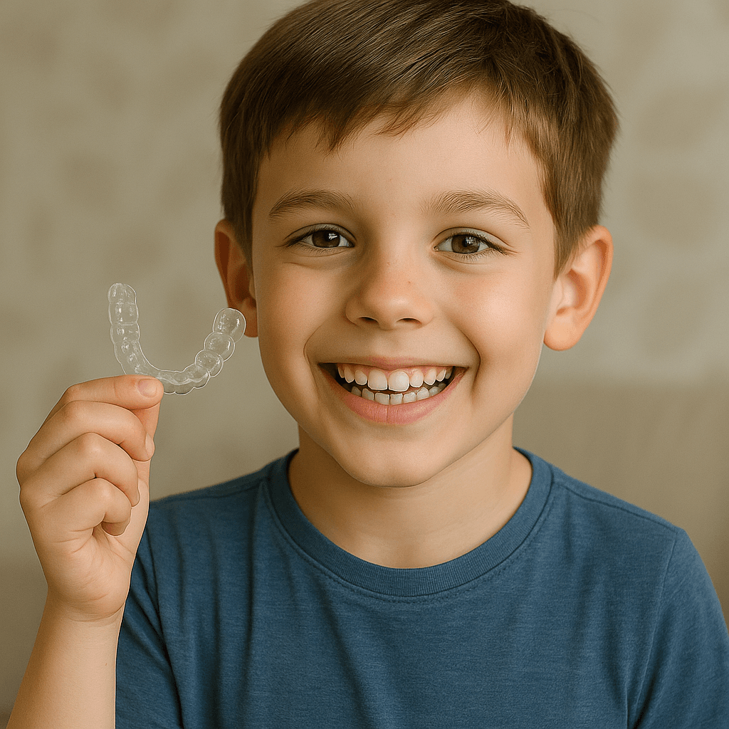 طفل مبتسم يحمل علبة مفتوحة للتقويم الشفاف في دبي — خيار علاج Invisalign First لتقويم الأسنان للأطفال من عمر 6 إلى 10 سنوات