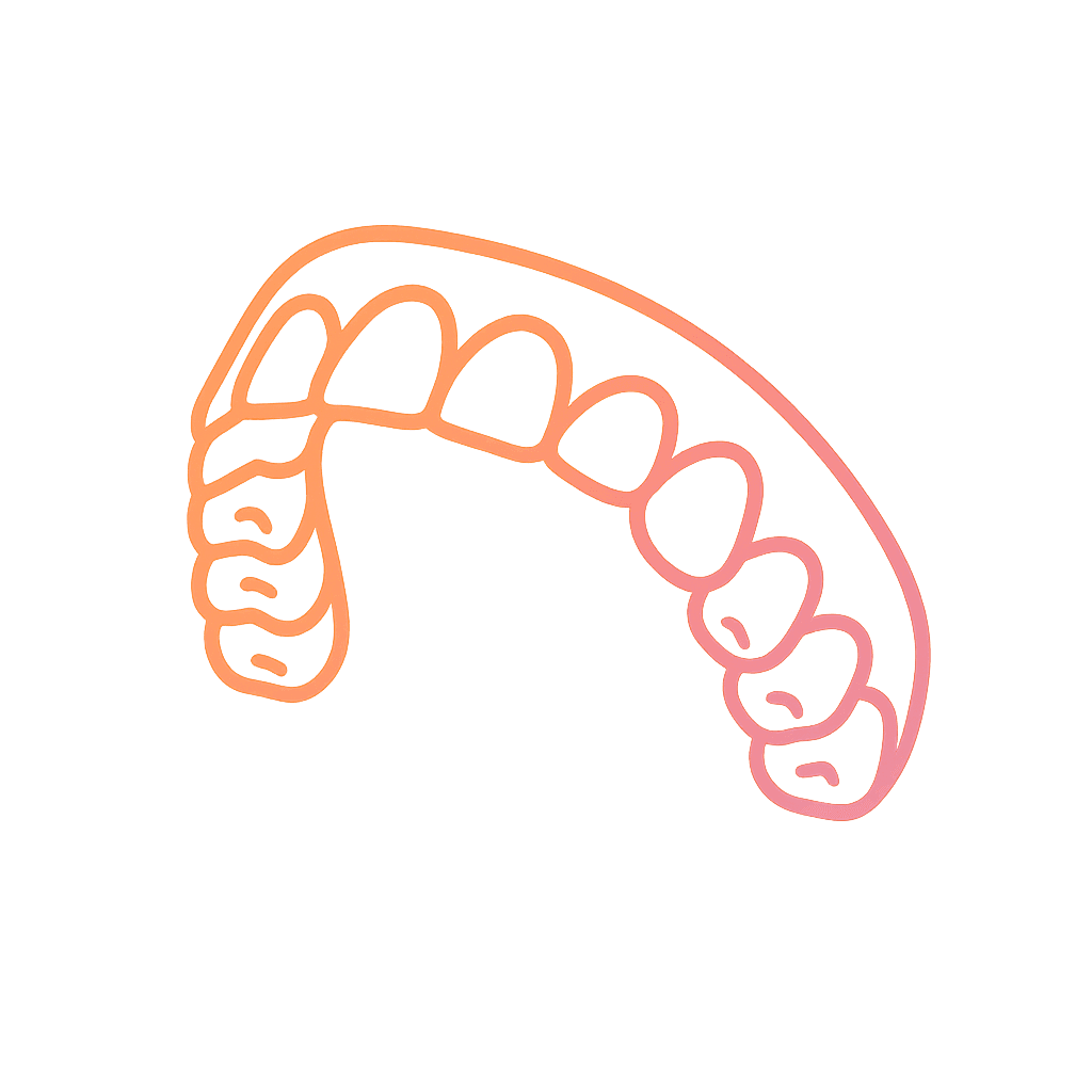 أيقونة مبسطة ثلاثية الأبعاد لتقويم Invisalign First للأطفال، تُظهر قالبًا شفافًا لمحاذاة الأسنان.