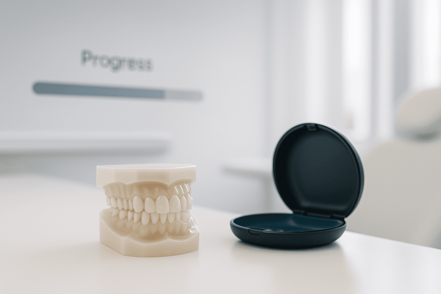 Invisalign Reviews in Dubai — Real Patient Experiences & Insights | LumiQuest Dental Circle Invisalign treatment challenges — dental model showing visible tooth attachments with open aligner case, highlighting that refinements and extra steps are often needed for straighter teeth in Dubai.