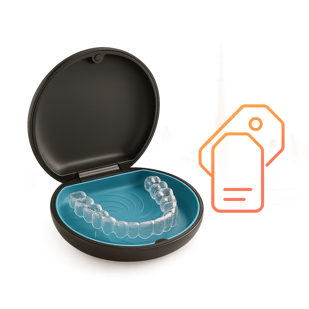 Invisalign Cost in Dubai | LumiQuest Dental Circle | LumiQuest Dental Circle Illustration of Invisalign cost breakdown in Dubai with clear aligner case and package tiers from Express to First