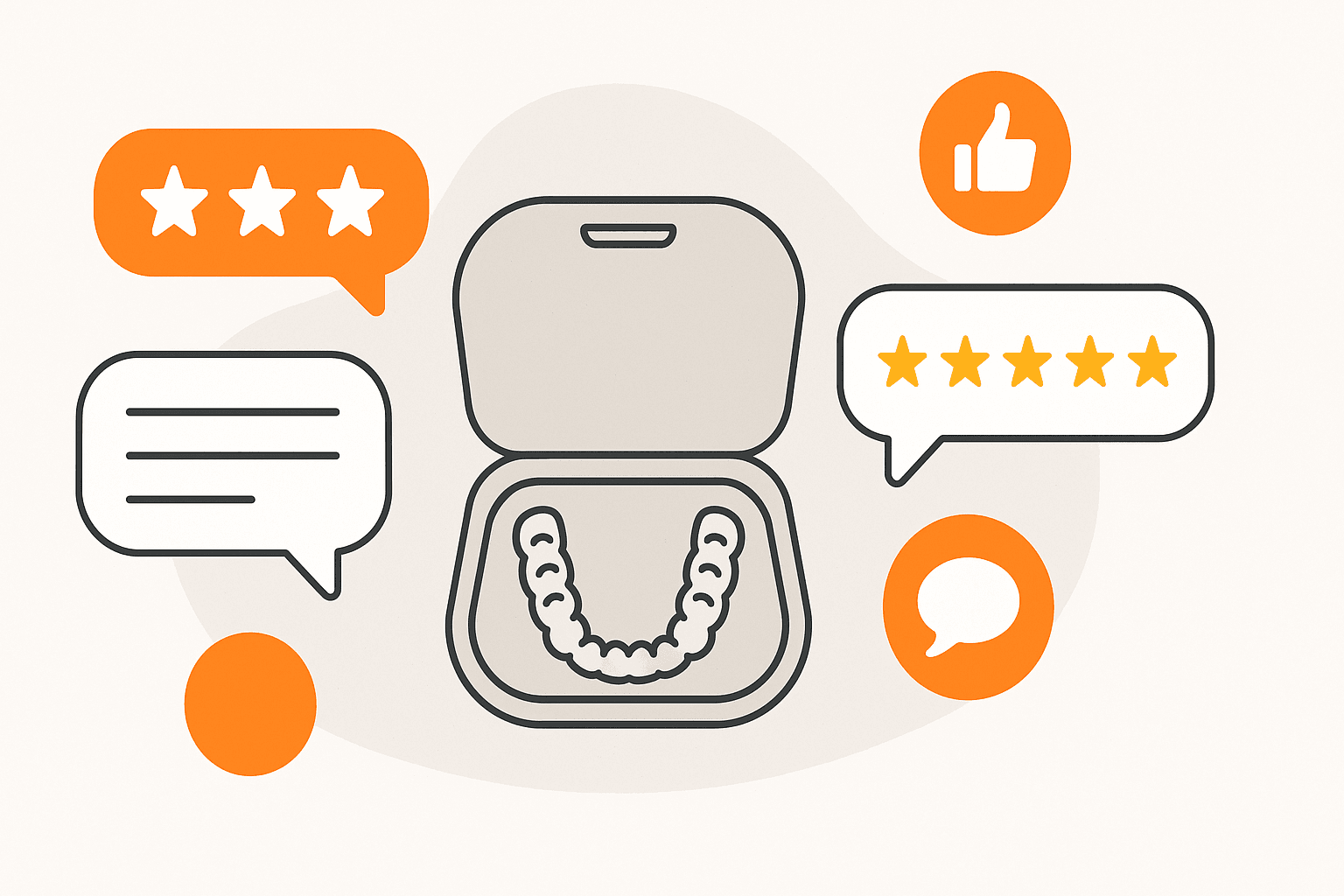 Invisalign in Dubai – Your Complete Guide | LumiQuest Dental Circle Flat style illustration of Invisalign patient reviews with speech bubbles and stars