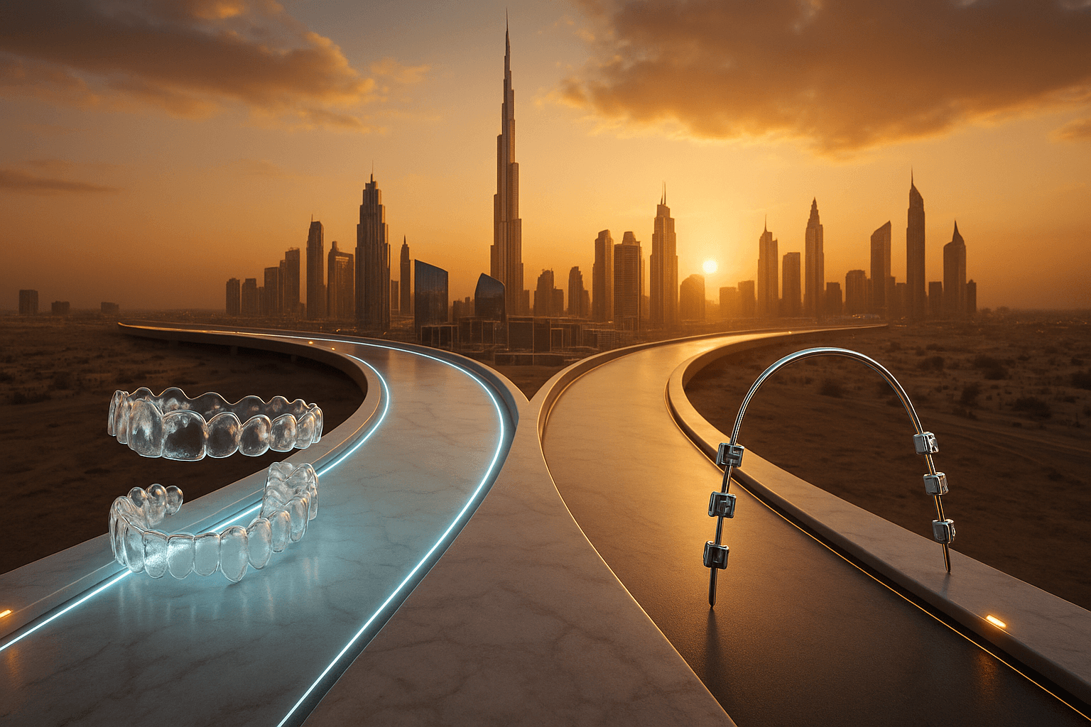 Invisalign vs Braces in Dubai — Clear Comparison Guide | LumiQuest Dental Circle 3D render of two futuristic roads symbolizing Invisalign and braces, leading toward the Dubai skyline at sunset with glowing orange guide lights.