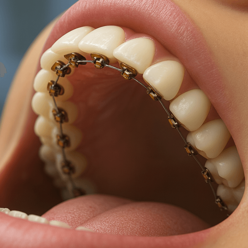 صورة مقرّبة للأسنان العلوية مع تقويم لساني مثبت خلفها، تُظهر الحاصرات المخفية للتقويم