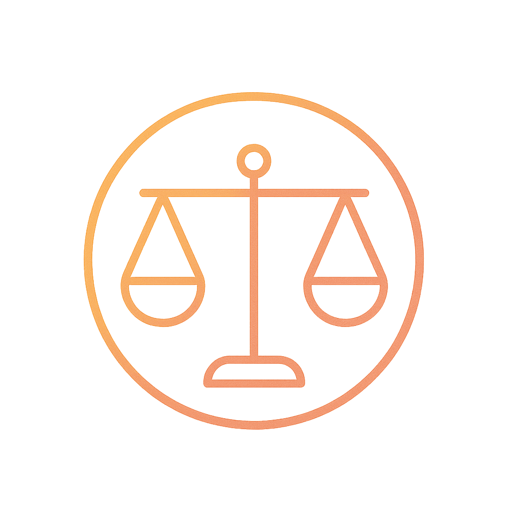 Minimalist gradient outline icon of a balanced scale inside a circle, symbolizing LumiQuest’s standard of ethics, results, and transparency in defining the best orthodontists in Dubai.