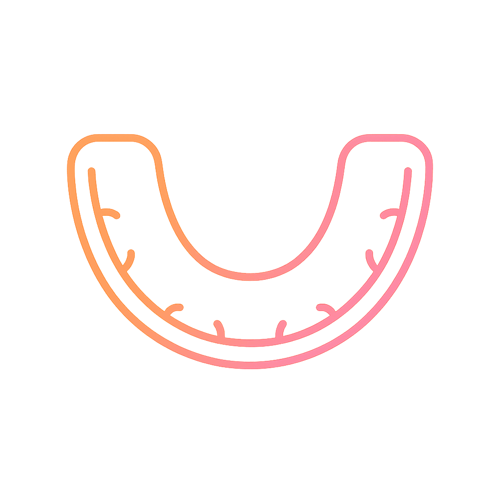 أيقونة مبسطة ثلاثية الأبعاد لجهاز Myobrace للأطفال لتصحيح العادات وتوجيه الفك، تُظهر قالبًا قابلاً للإزالة بشكل منحني مع أدلة للأسنان.