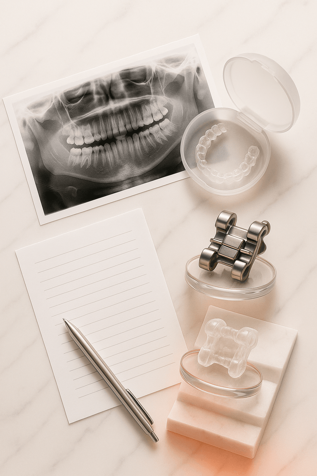 How Much Do Braces Cost in Dubai? Price Guide | LumiQuest Dental Circle Luxury orthodontic package with dental X-ray, retainer case, and consultation papers displayed together, symbolizing braces package inclusions in Dubai.