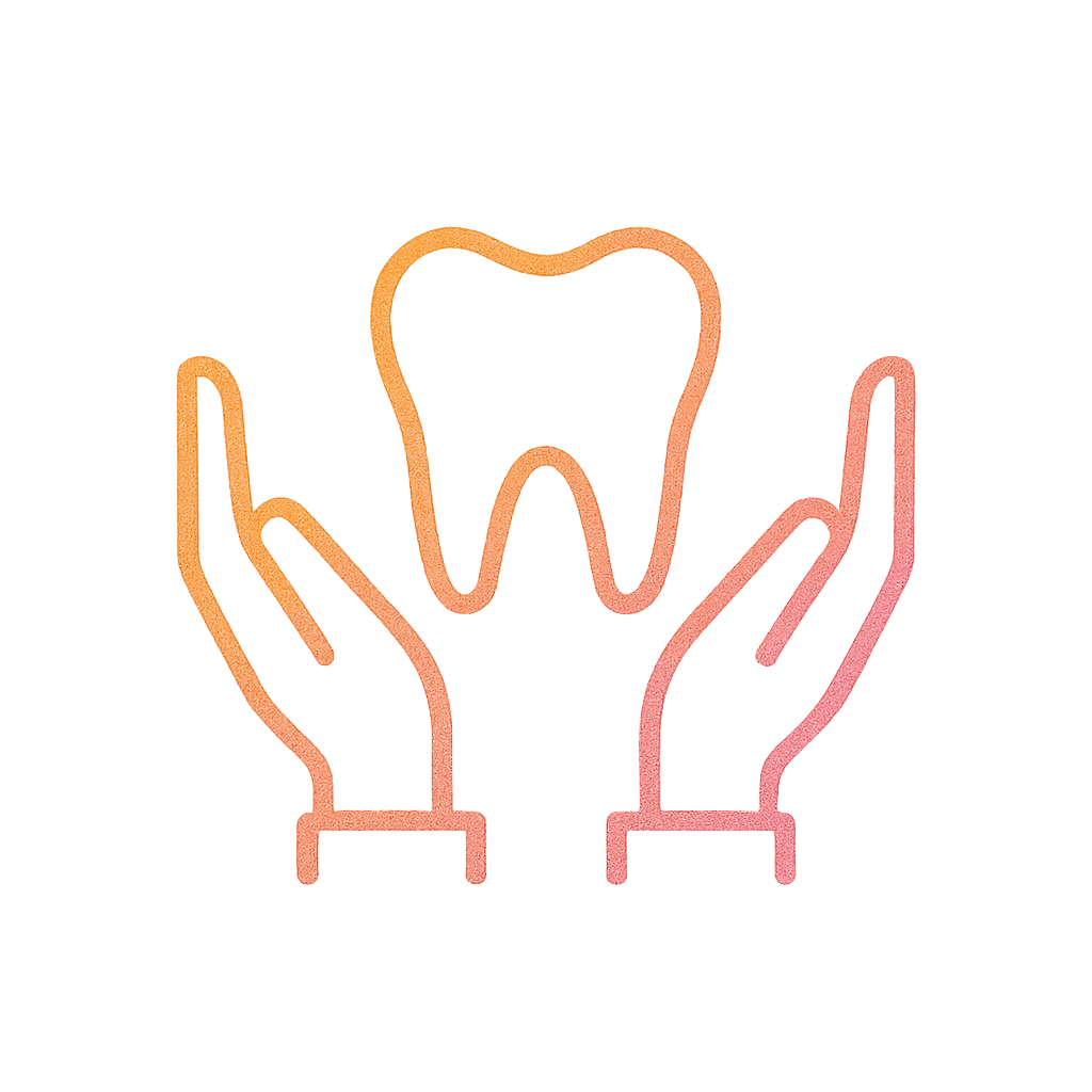 Minimalist gradient outline icon of hands holding a tooth, symbolizing patient comfort and positive orthodontic experience in Dubai.