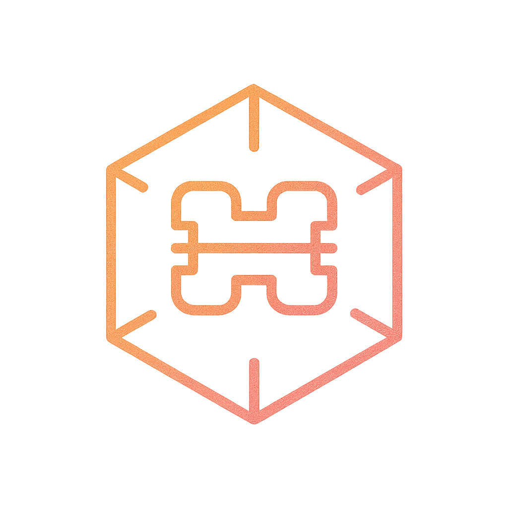 Minimalist gradient outline icon of a 3D cube with a bracket inside, symbolizing orthodontic technology and precision in Dubai.