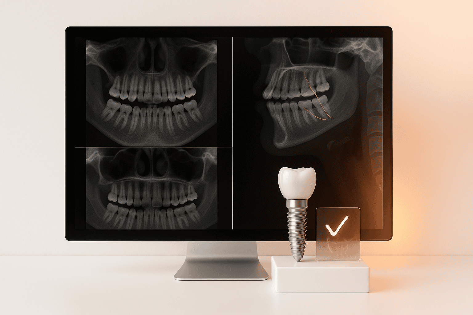 صورة أفقية لشاشة كمبيوتر تعرض فحص CBCT للأسنان والفك، بجانب نموذج ثلاثي الأبعاد لزرعة أسنان مع رمز علامة صح، توضح التخطيط الرقمي ودقة زراعة الأسنان.