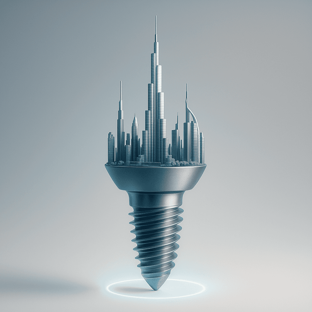 تصميم ثلاثي الأبعاد فني لمسمار زرع أسنان من التيتانيوم مع تاج على شكل أفق دبي، بما في ذلك برج خليفة وبرج العرب، يرمز إلى قوة الزرعة وتميز دبي.