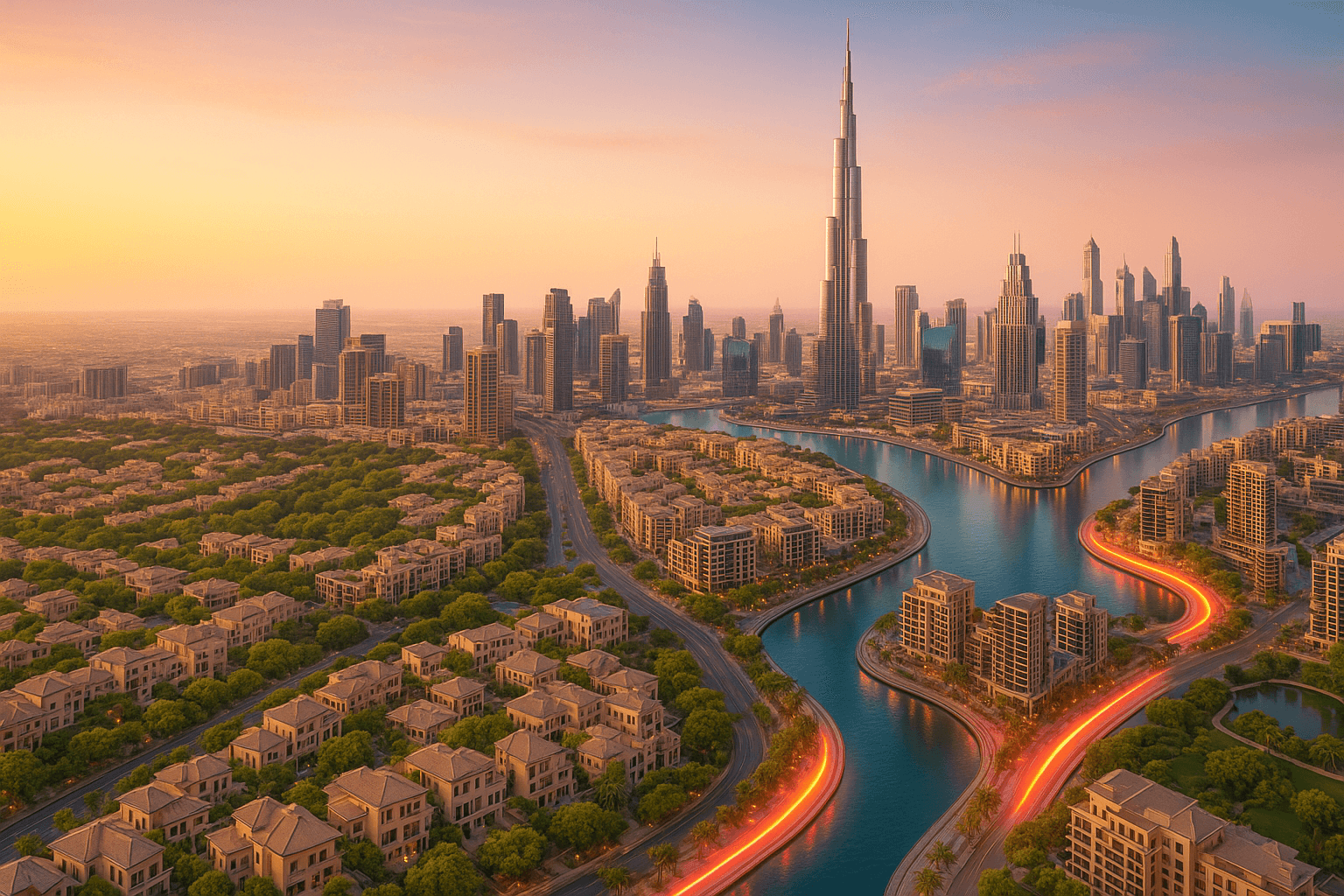 أفق مدينة دبي بأسلوب تجريدي، يُظهر أحياء نابضة بالحياة، واجهات مائية، وعمارة حديثة، مع إبراز جمال المدينة.