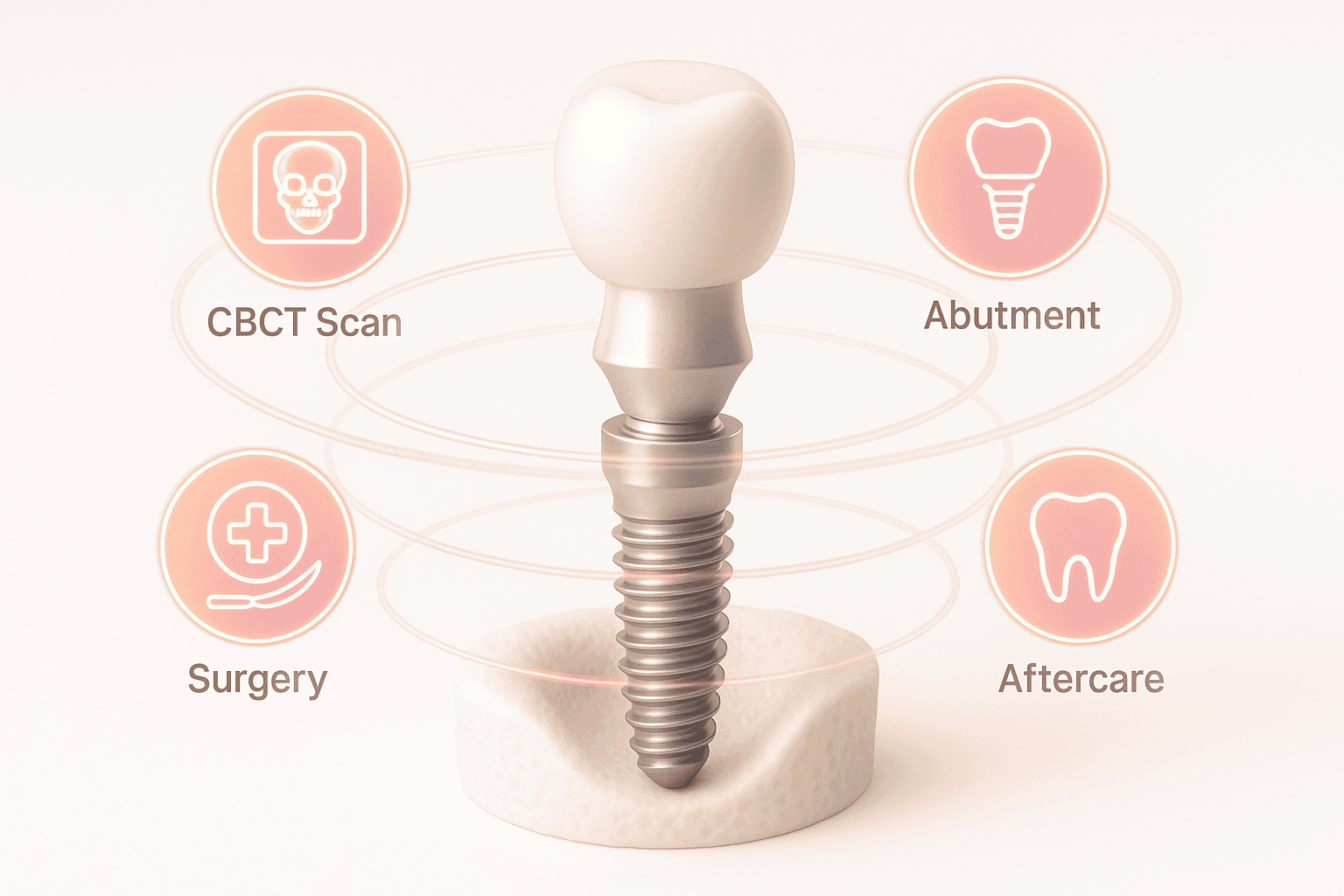 3D illustration of a dental implant with surrounding icons for CBCT scan, crown, abutment, and surgery showing what adds to cost