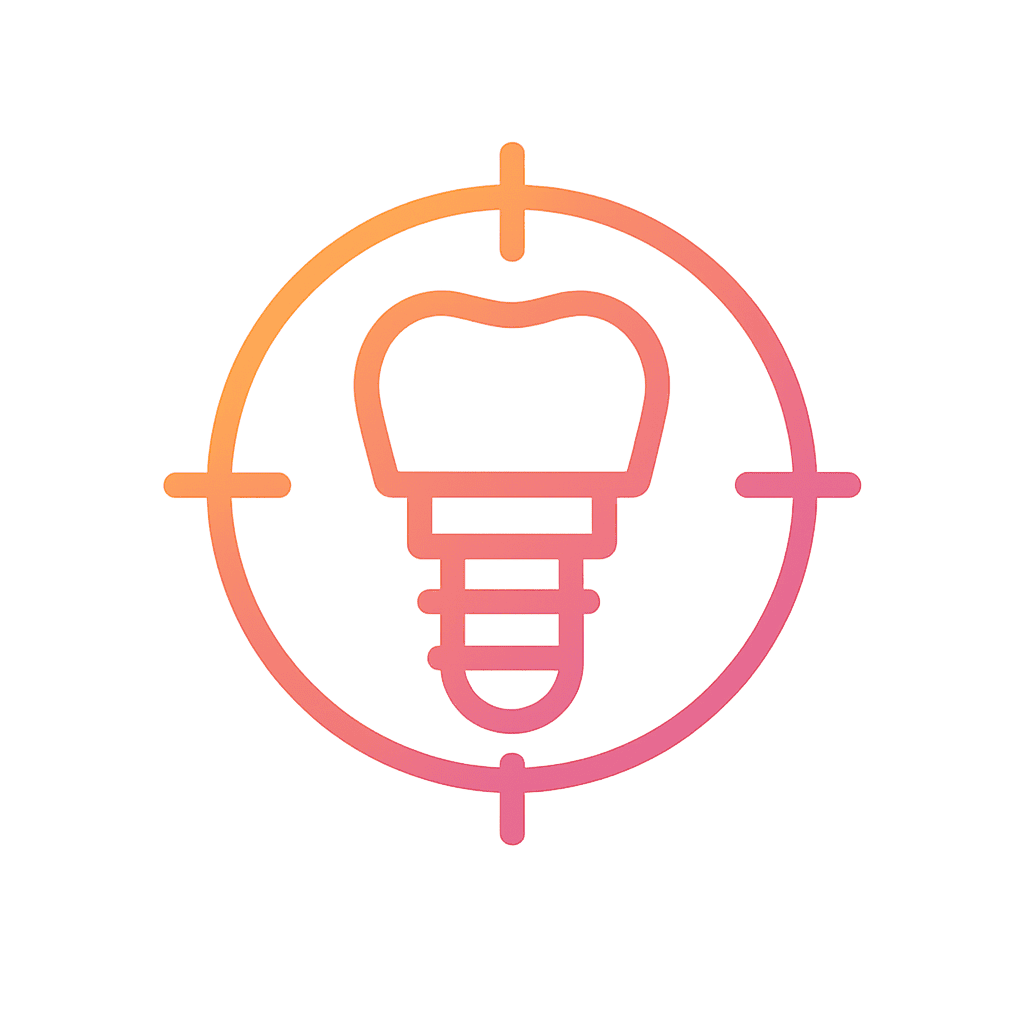 Same Day Dental Implants in Dubai — Procedure, Cost & Benefits | LumiQuest Dental Circle أيقونة متدرجة بسيطة لهدف دائري (crosshair) فوق مخطط لغرسة سنية، ترمز إلى الدقة الرقمية وزراعة الأسنان الموجهة بتقنية CBCT في دبي.