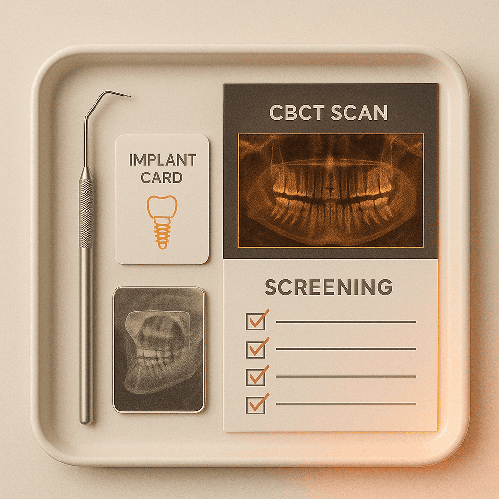 Same Day Dental Implants in Dubai — Procedure, Cost & Benefits | LumiQuest Dental Circle صورة فوتوغرافية مسطحة (Flat-lay) لأدوات فحص الأسنان تشمل مسبار اللثة، بطاقة الغرسة، ورقة فحص CBCT، ونموذج قائمة تحقق بعلامات صح على صينية نظيفة، ترمز إلى اختيار المرشحين لزراعة الأسنان في نفس اليوم في دبي.