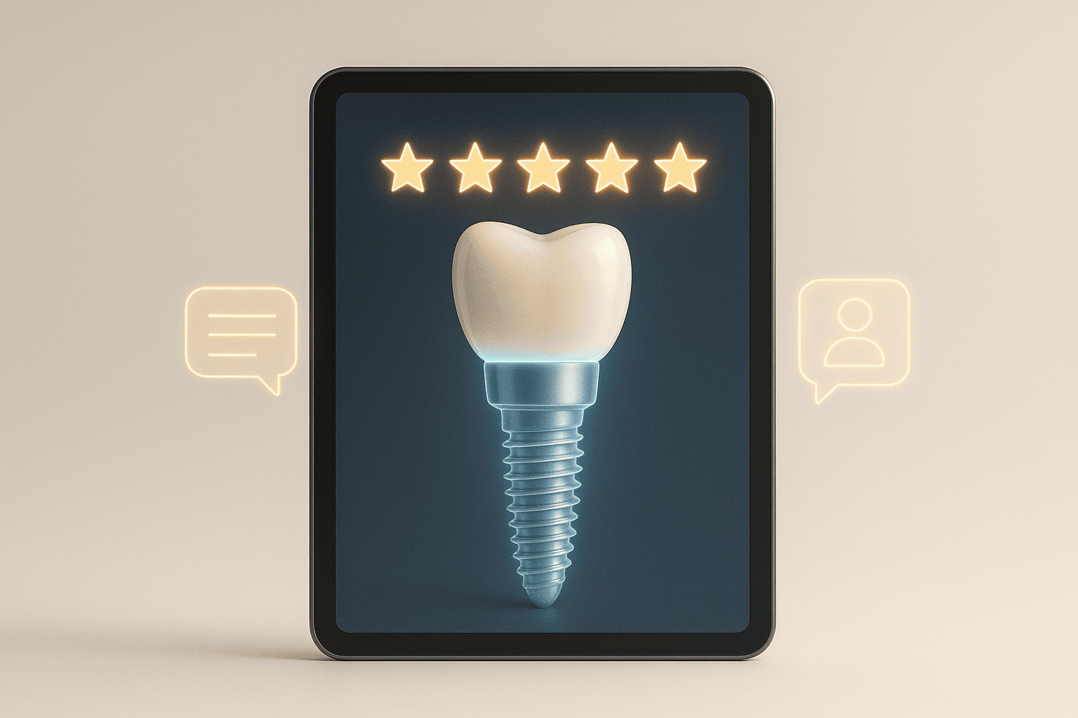 A digital tablet displaying a 3D model of a dental implant, surrounded by glowing star ratings and review icons, symbolizing patient feedback and trust in dental implant treatment.