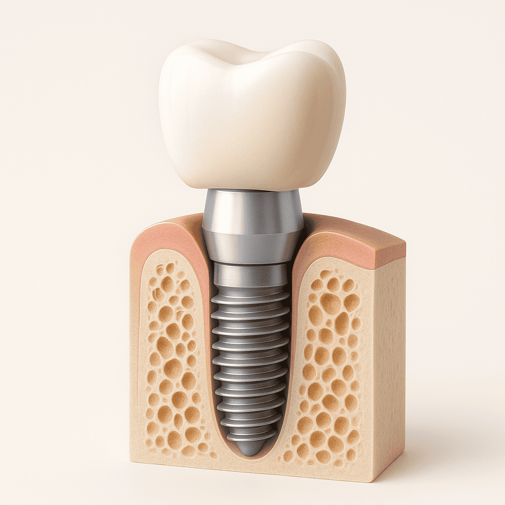 زرع أسنان: مسمار تيتانيوم في عظم الفك مع الموصل (Abutment) والتاج فوقه.