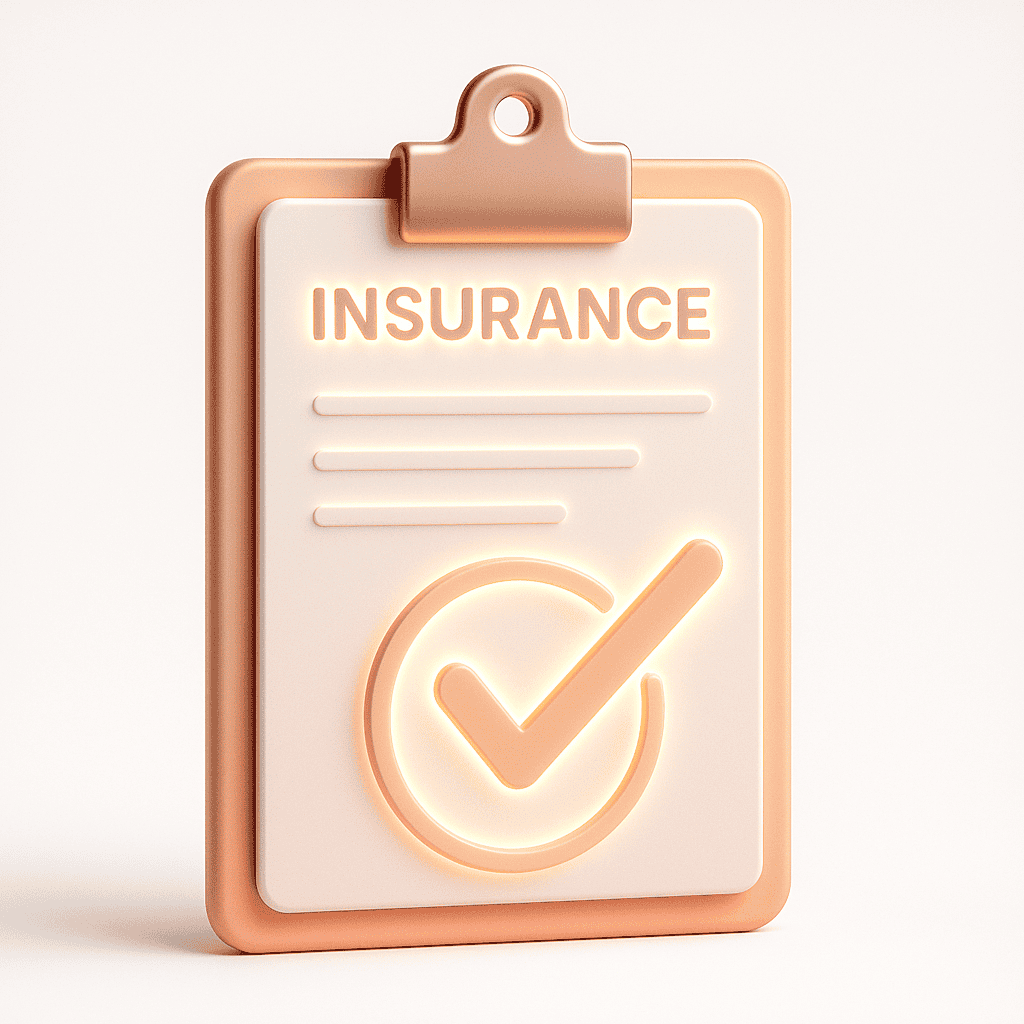 3D illustration of a clipboard with a glowing insurance approval form and a large checkmark, symbolizing trust and clarity in dental implant coverage and financing. Orange–pink gradient accents on a clean white background.