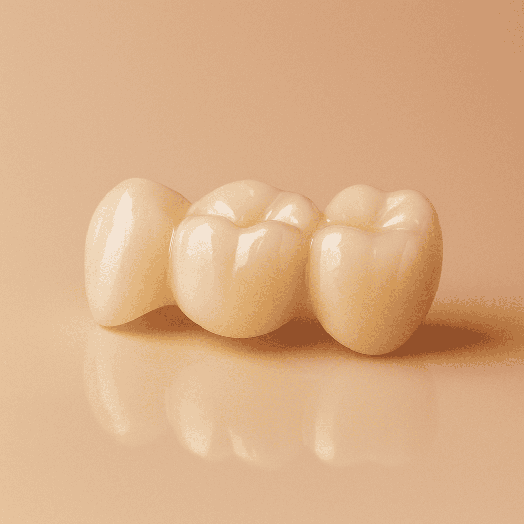 Dental Crowns & Bridges in Dubai — Durable, Natural Restorative Solutions | LumiQuest Dental Circle Square-format photorealistic studio image of a three-unit zirconia dental bridge on a soft beige reflective surface, showing smooth connected crowns with natural translucency and warm orange–pink reflections for a high-end restorative dentistry aesthetic.