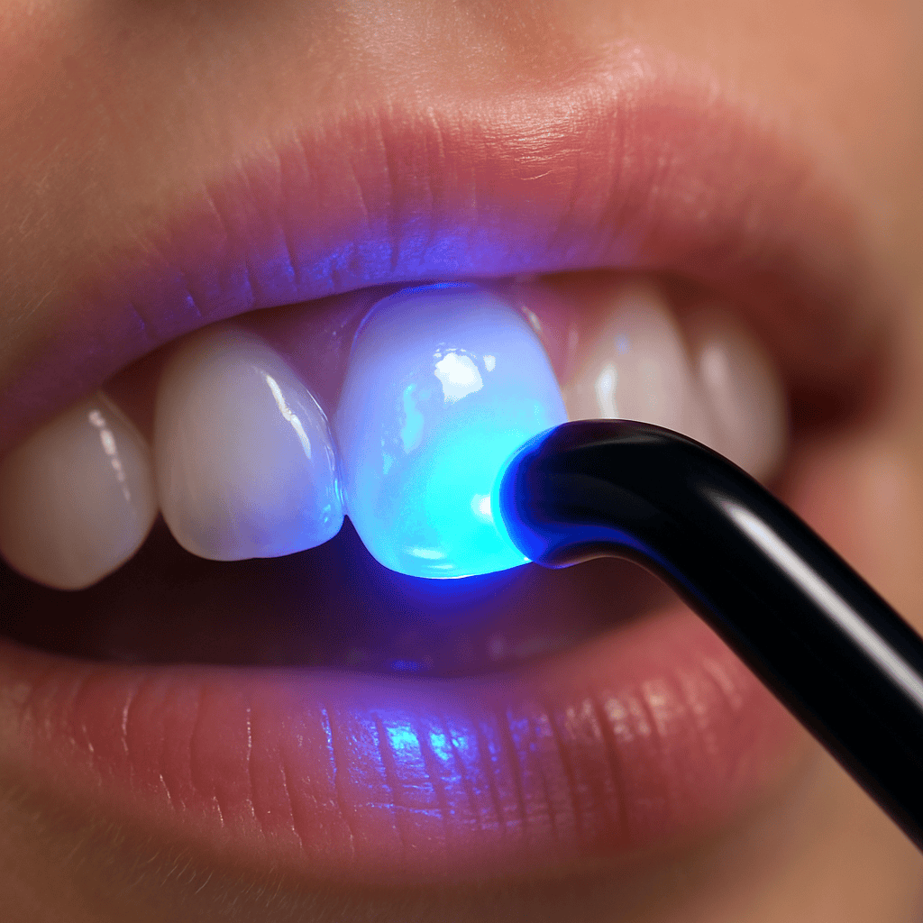 منظور مقرّب لعملية تصلّب الـ Composite Bonding على أحد الأسنان الأمامية باستخدام ضوء علاجي أزرق من نوع LED. يظهر سطح السن أملس ولامع، مع إضاءة الراتنج بوضوح تحت ظروف سريرية نظيفة.