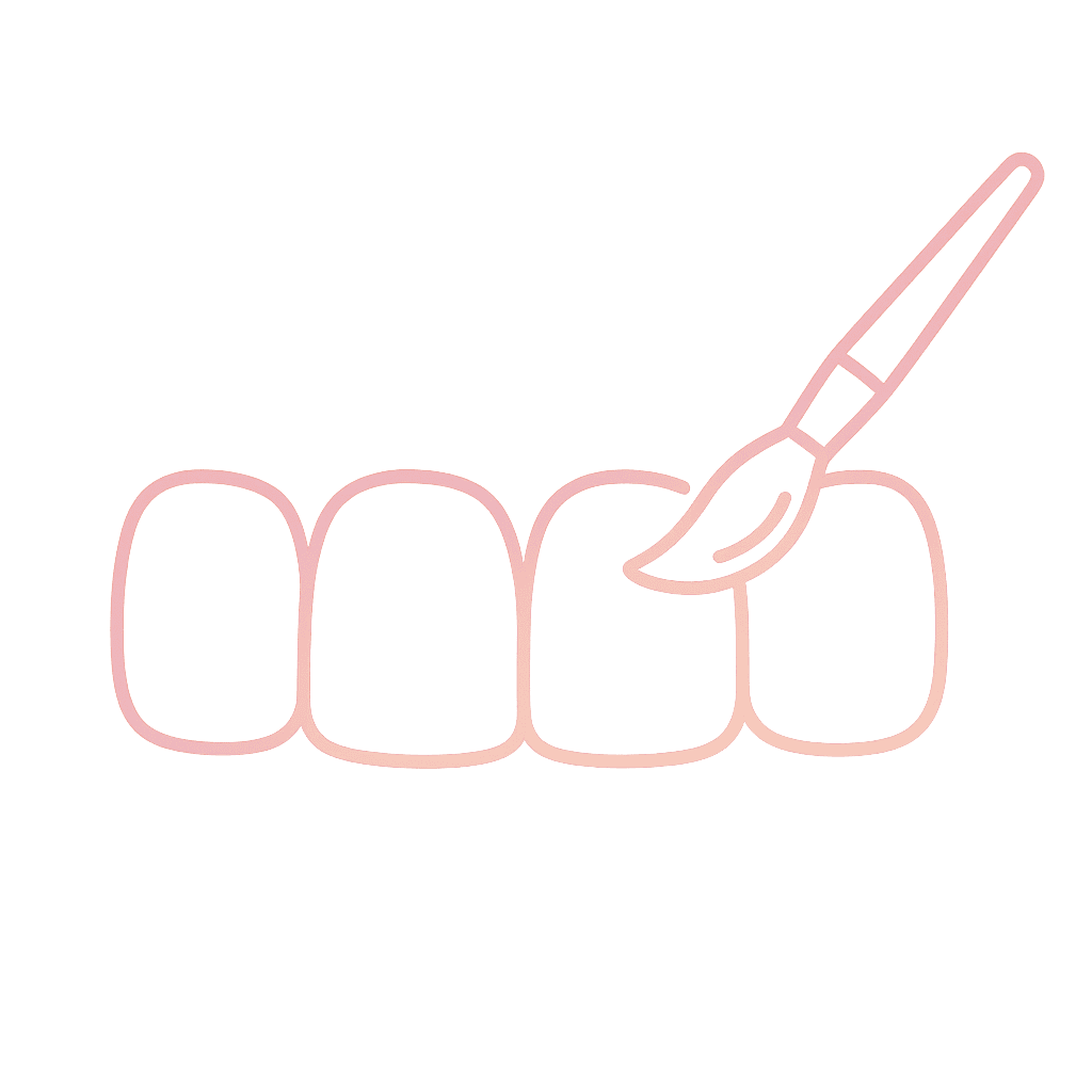 Outline of upper front incisors with a soft brush stroke symbolizing direct resin layering, in pink-to-orange gradient lines on a transparent background.