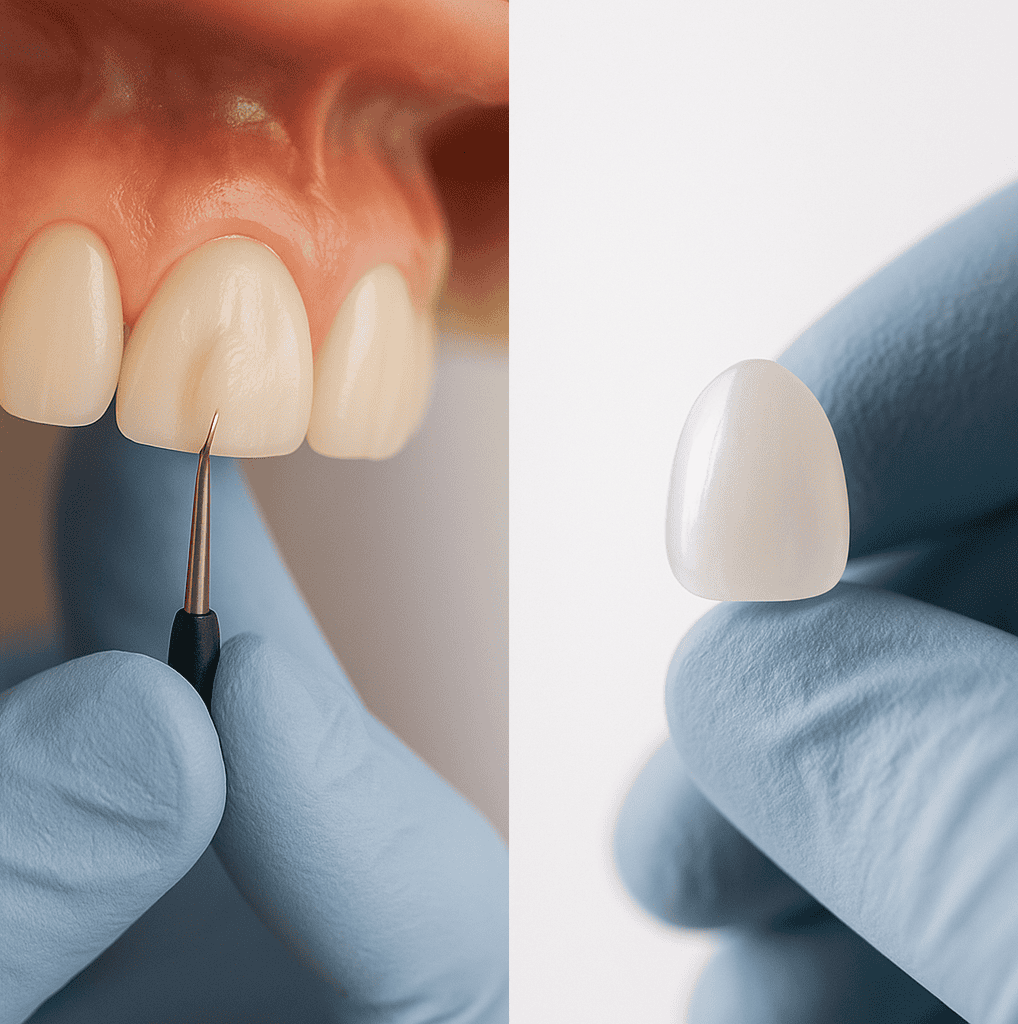 Composite Veneers in Dubai — Fast & Low-Prep Smile Enhancements | LumiQuest Dental Circle صورة سنّية بنمط الشاشة المنقسمة تُظهر في الجانب الأول تطبيق فينير الـ Composite مباشرة على السن، وفي الجانب الآخر قشرة Porcelain/Emax رقيقة ممسوكة بين أصابع مرتدية قفازات استعدادًا للتثبيت غير المباشر.