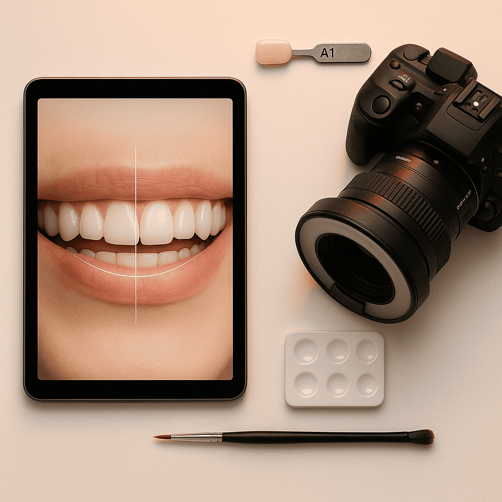 صورة فوتوغرافية حقيقية بتنسيق مربع (flat-lay) لإعداد تخطيط تجميل الأسنان، تتضمن جهازًا لوحيًا يعرض تصميم ابتسامة رقمي بجانب كاميرا DSLR ماكرو، مع تبويبات تدرّج اللون وأدوات الراتنج الدقيقة مرتّبة بعناية على سطح سريري نظيف تحت انعكاسات دافئة بلون برتقالي–وردي ناعم.