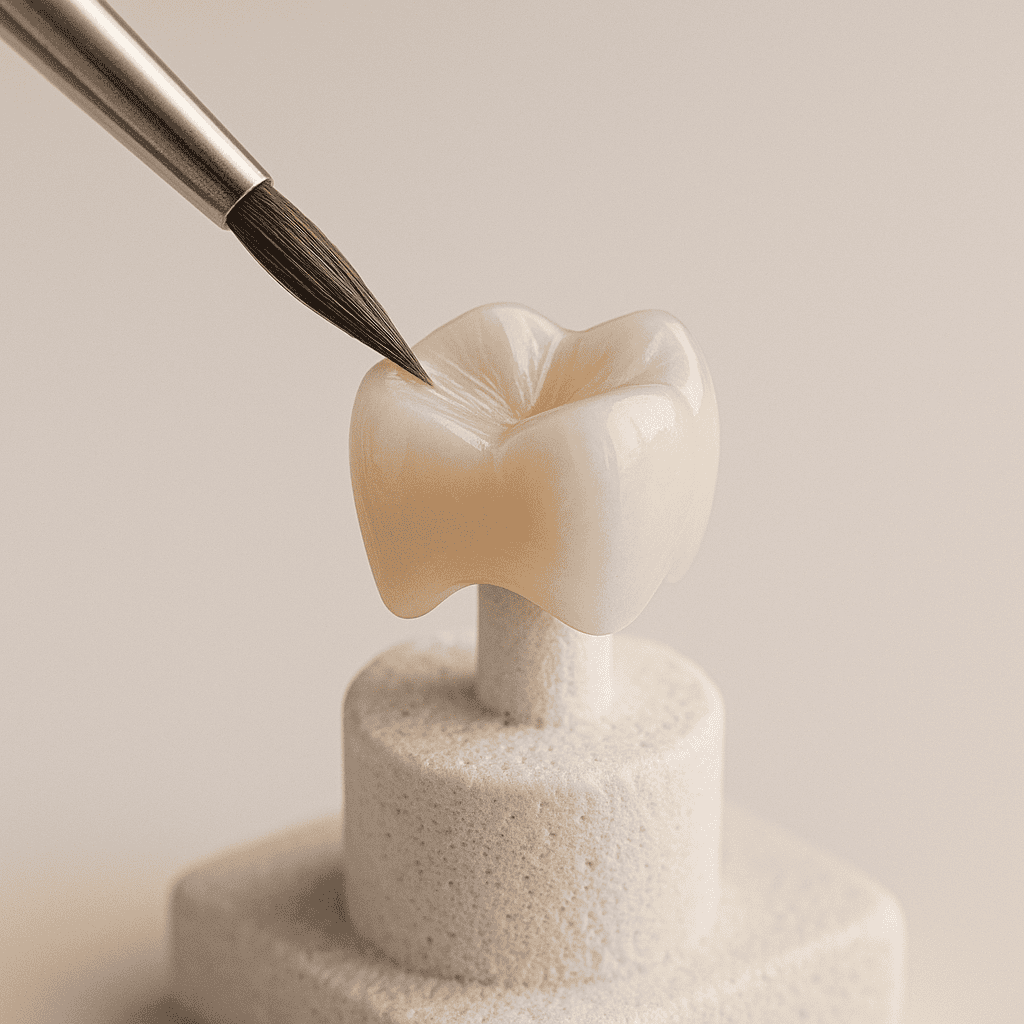 Dental Crowns & Bridges in Dubai — Durable, Natural Restorative Solutions | LumiQuest Dental Circle Square-format photorealistic close-up of a dental ceramist applying fine surface texture to a ceramic crown using a thin detailing brush. Soft beige background, smooth contours, and natural translucency for a high-end cosmetic dentistry aesthetic.