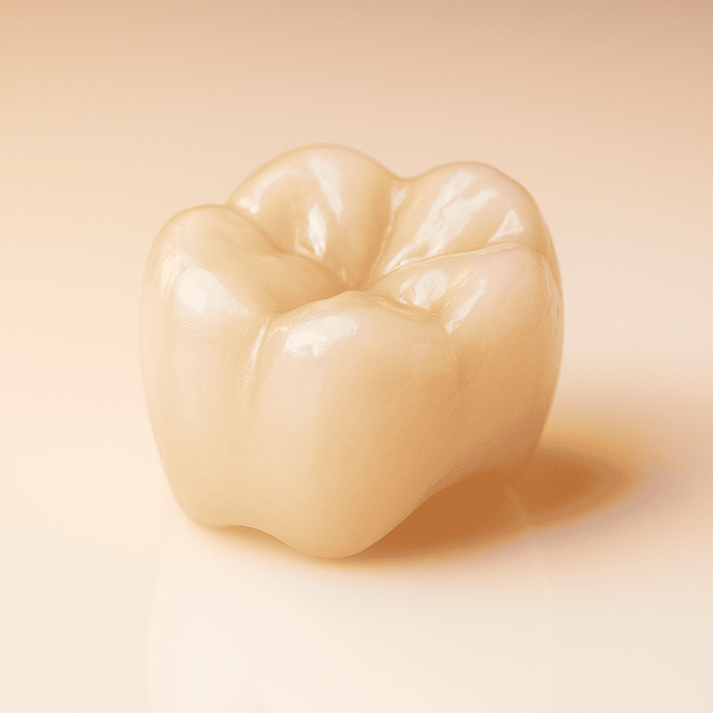Photorealistic close-up of a zirconia dental crown on a soft beige background, showing smooth contours, natural translucency, and lifelike occlusal anatomy