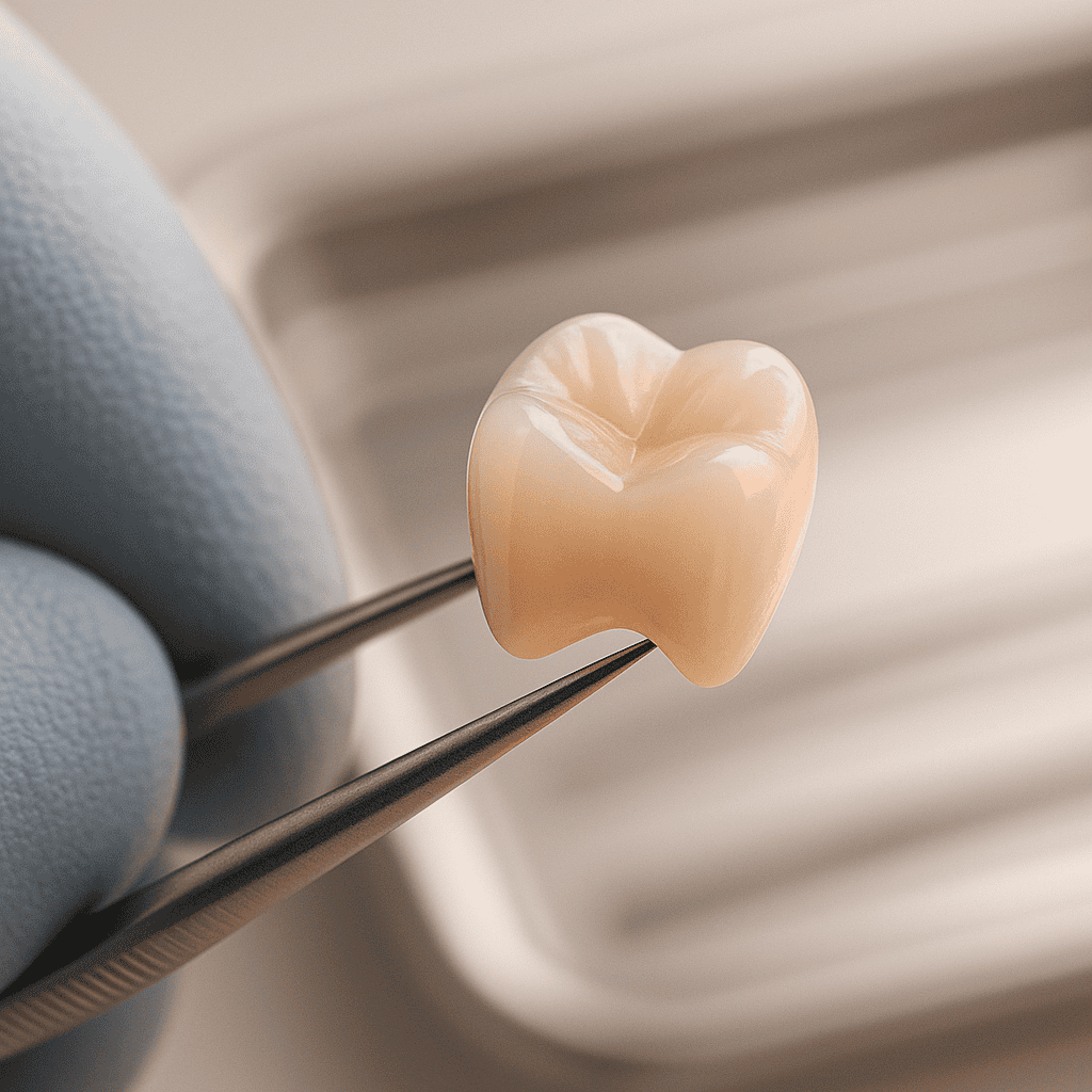 Photorealistic close-up of a tooth-coloured zirconia dental crown under soft warm lighting, representing modern crown and bridge materials used in Dubai.