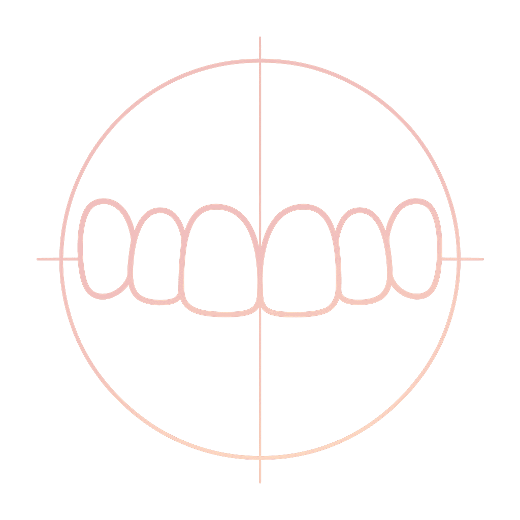 Gradient line art of upper front incisors within a circular frame and symmetry guides, symbolizing digitally designed Emax veneers.