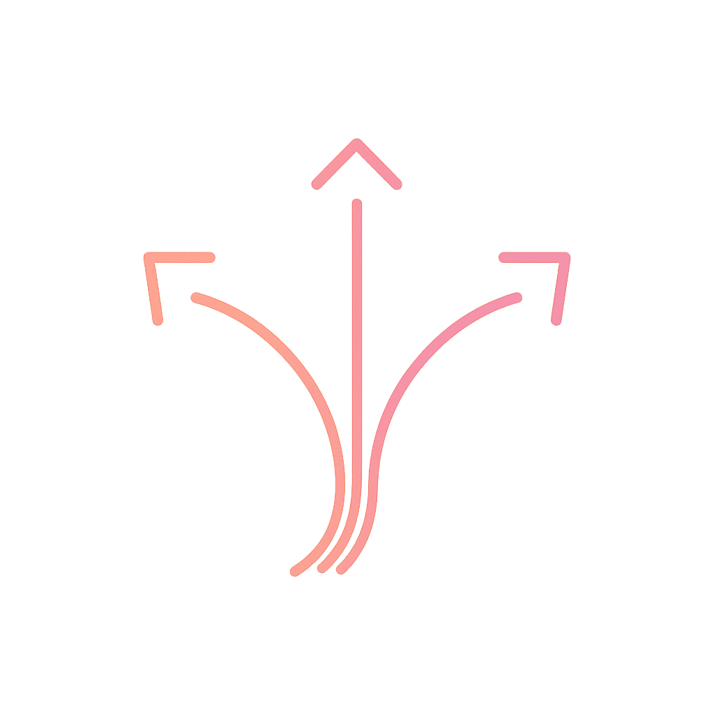 أيقونة بخط خارجي بسيط مع تدرّج لوني لثلاثة أسهم متفرعة تنحني نحو الخارج من قاعدة واحدة، بما يرمز إلى مسارات علاج متعددة وخيارات تجميلية متنوعة في تجميل الأسنان.