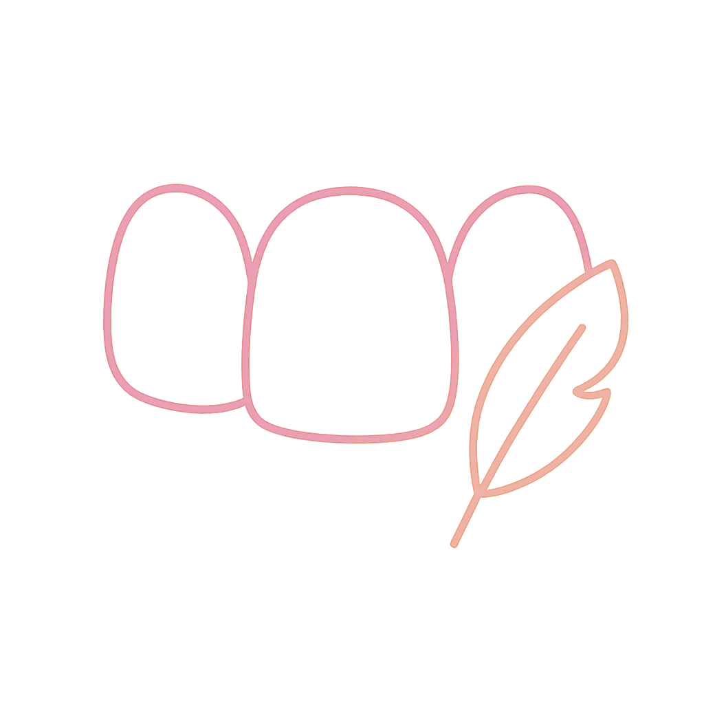 Luminous gradient outline of front incisors with a feather icon beside them, symbolizing ultra-thin no-prep Lumineers.