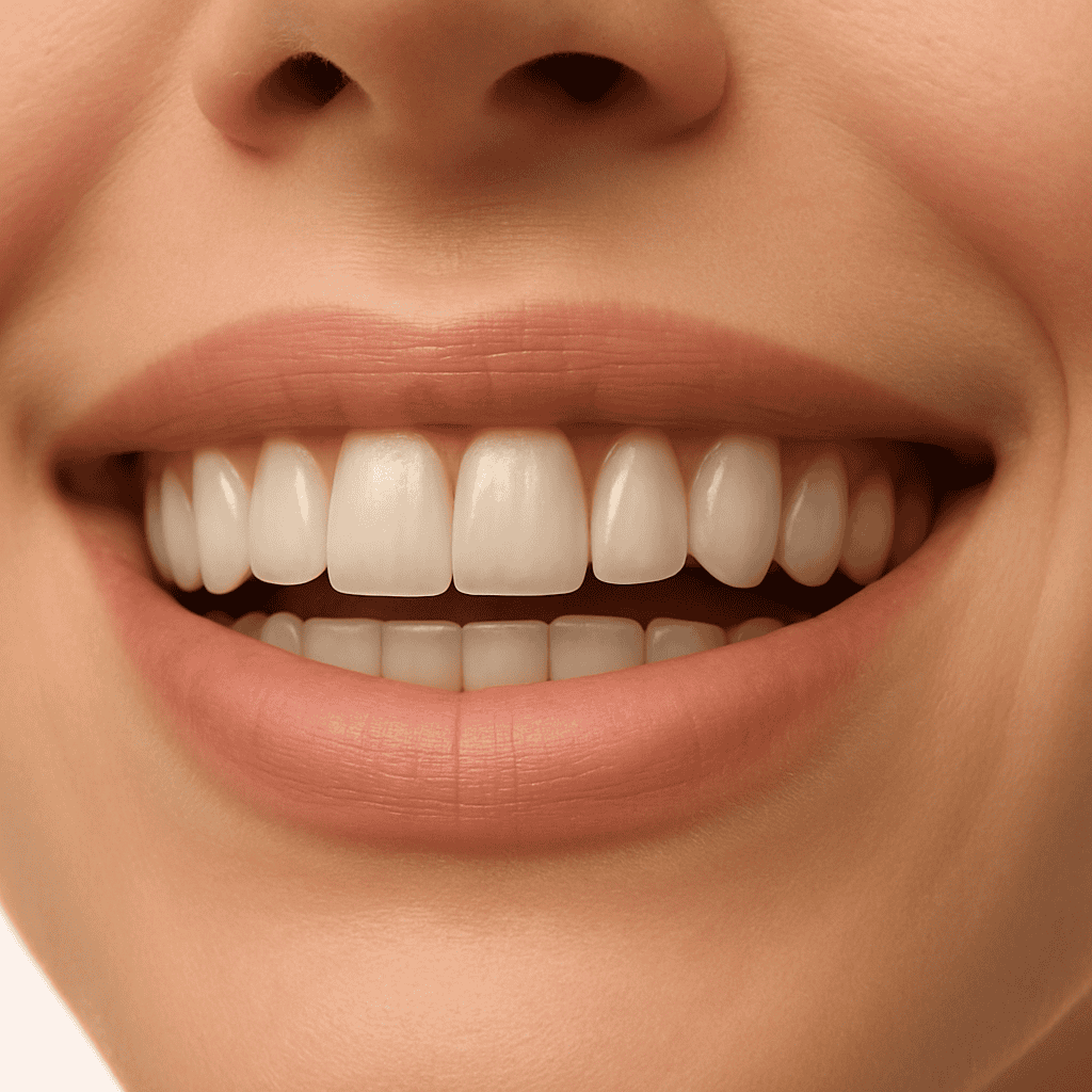صورة مقربة لابتسامة تُظهر الأسنان الأمامية العلوية بمحاذاة جيدة، مع مينا طبيعية ناعمة وسطوع خفيف، مُلتقطة تحت إضاءة استديو ناعمة.