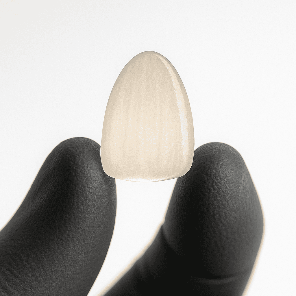 لقطة مقرّبة ليد مرتدية قفّاز تمسك بقشرة رقيقة من الـ feldspathic porcelain بين إصبعين، مع إظهار الشفافية الطبيعية والحواف الدقيقة أمام خلفية سريرية بيضاء ونظيفة.