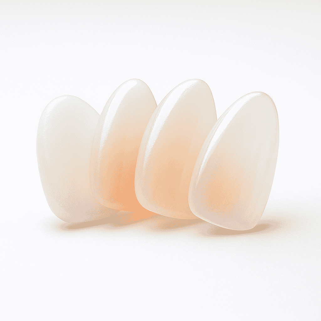 أربع قشور فينير Porcelain مرتبة بشكل عمودي على سطح أبيض عاكس، تُظهر شفافية طبيعية ناعمة وتدرجات لونية دافئة بإحساس جمالي فاخر.
