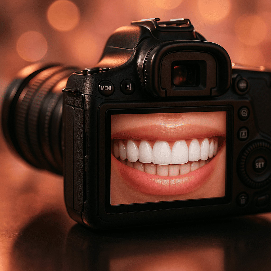 صورة مقرّبة لكاميرا DSLR تُظهر على شاشتها الخلفية ابتسامة Hollywood Smile مشرقة ومتناظرة، مع خلفية ضبابية دافئة وإضاءات بوكيه ناعمة.