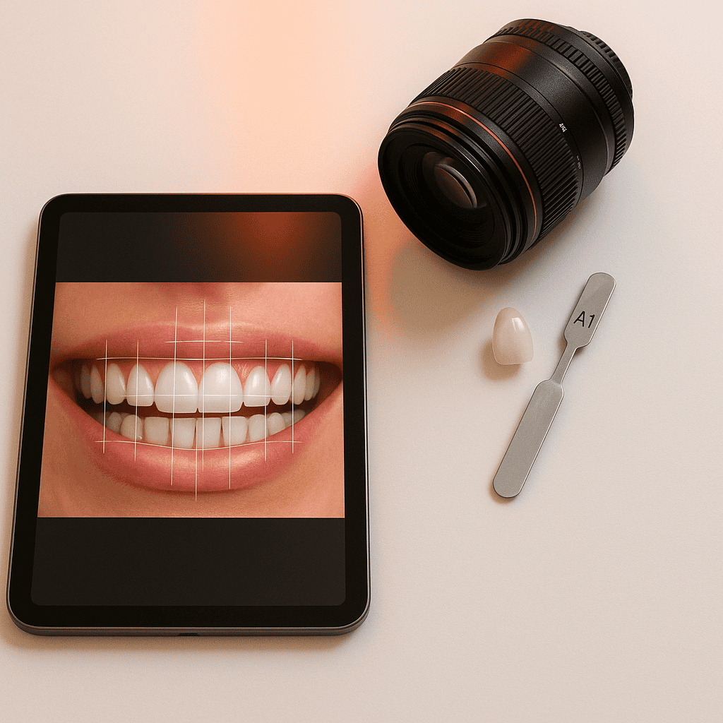 صورة فوتوغرافية واقعية بتنسيق مربع من منظور علوي لمكتب تخطيط في طب تجميل الأسنان، يظهر عليه تصميم رقمي للابتسامة على جهاز لوحي، وعدسة DSLR ماكرو، ودرجة لون للأسنان، وفينير بورسلان واحد موضوع على سطح أبيض نظيف.
