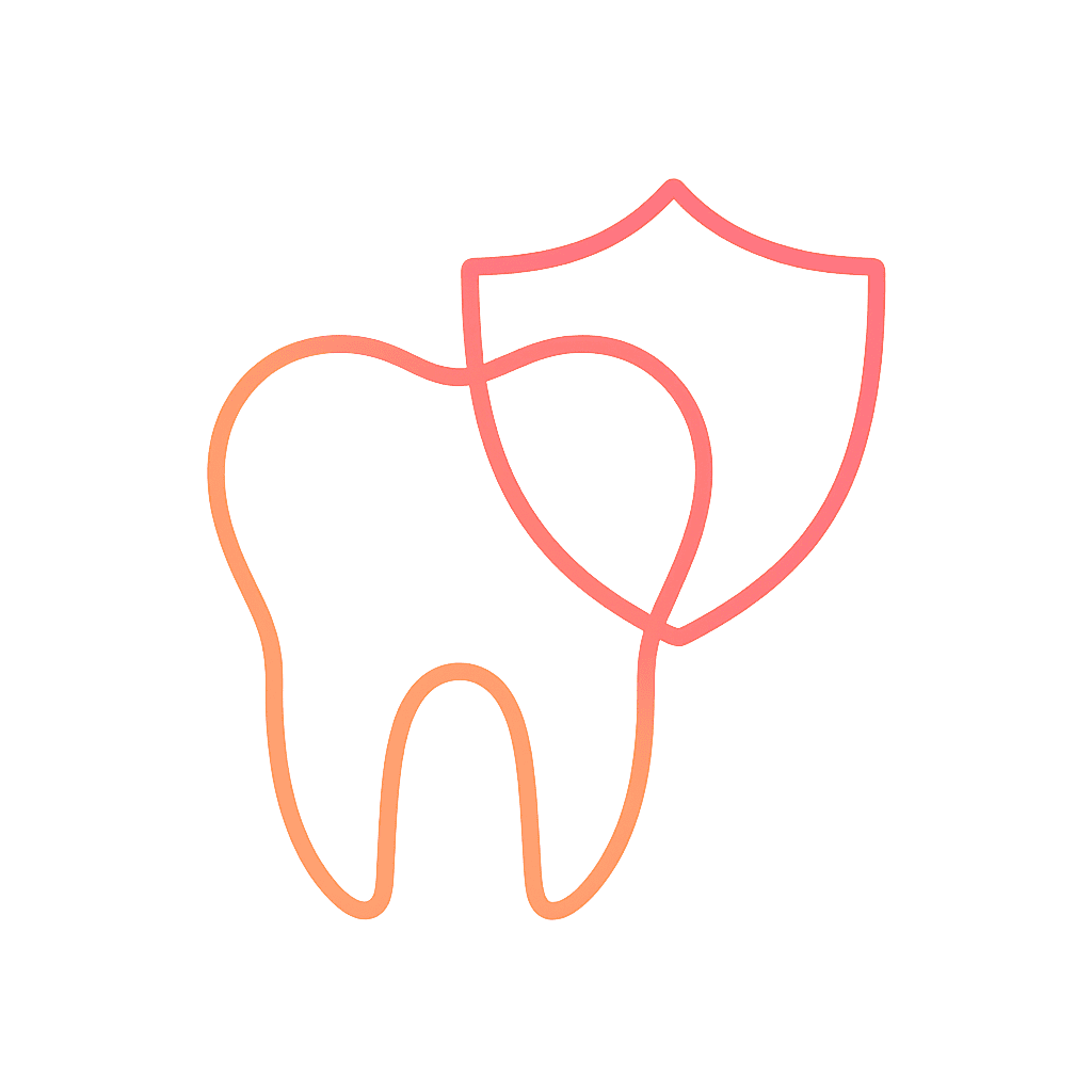 Dental Crowns & Bridges in Dubai — Durable, Natural Restorative Solutions | LumiQuest Dental Circle Minimalist outline icon of a tooth wrapped by a shield, drawn with an orange-to-pink gradient stroke, symbolizing strength and protection for weakened teeth.