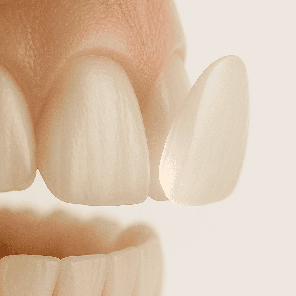 Close-up view of a thin porcelain dental veneer being placed over a natural front tooth, showing its translucent edge and precise fit under soft neutral lighting.