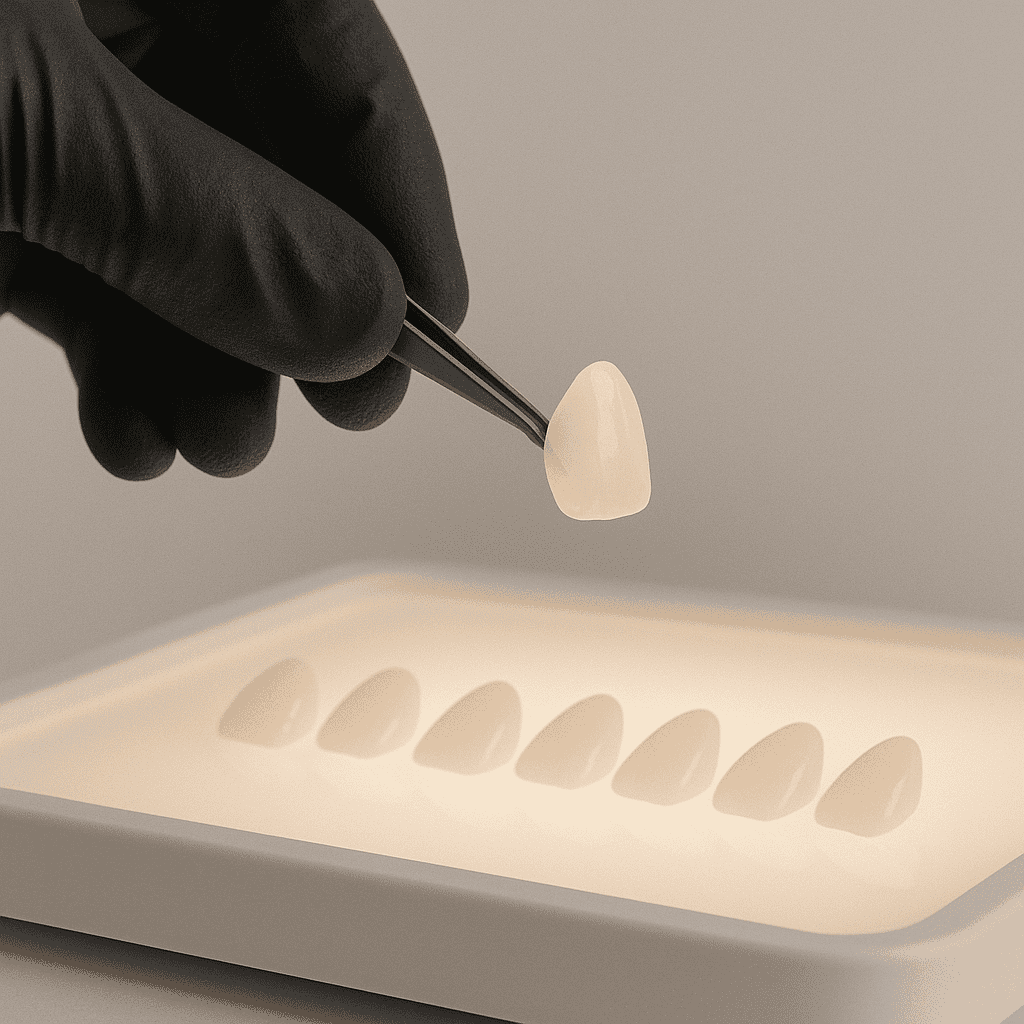 A gloved hand holding an ultra-thin ceramic dental veneer with tweezers above a softly lit tray of veneers, highlighting the natural translucency and precision craftsmanship of premium porcelain and Emax veneers.
