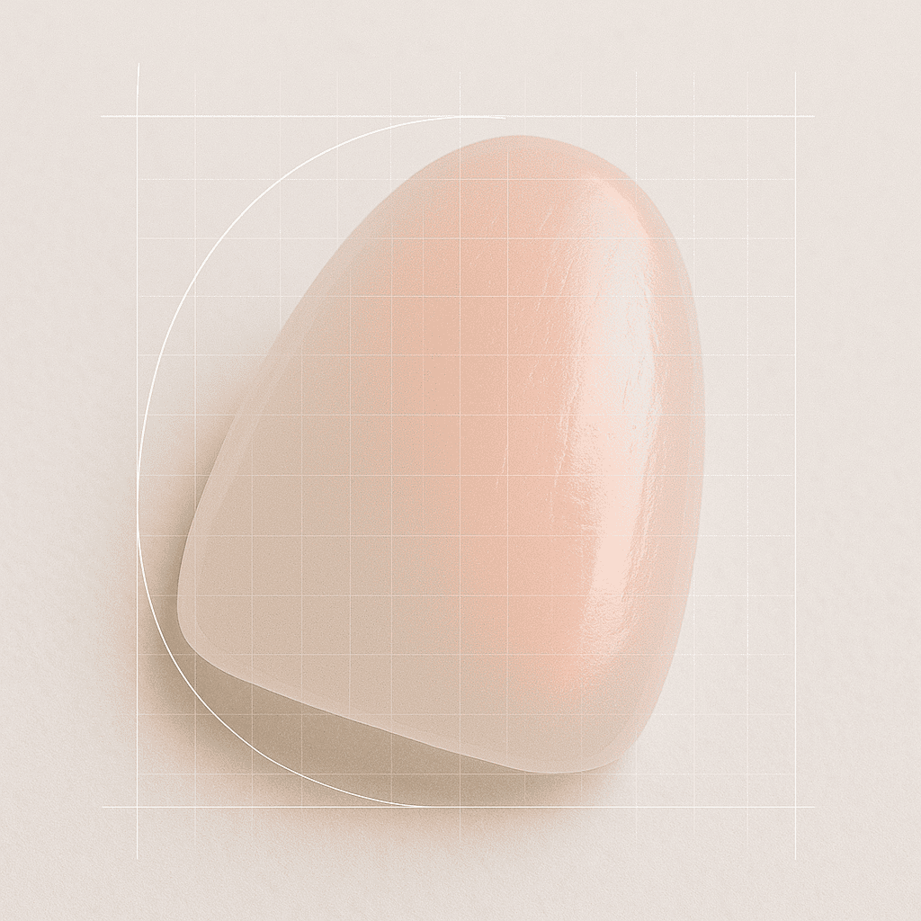 Close-up of a single porcelain veneer with a soft pink-to-orange reflection and faint geometric planning lines, symbolizing precision design and natural translucency on a clean neutral background.